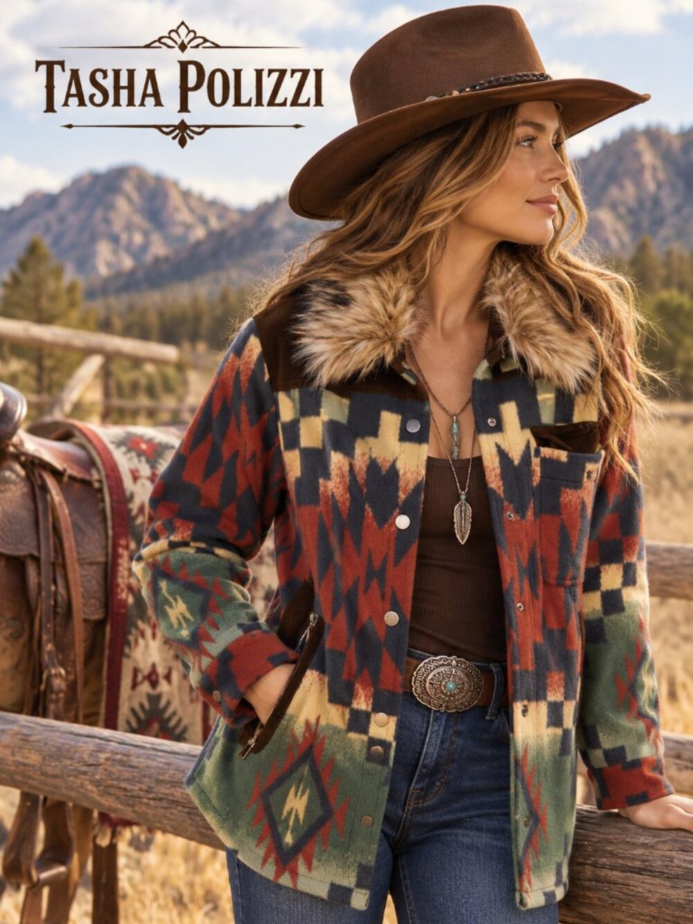 NWOT Tasha Polizzi Blue Ridge Southwestern Aztec Blanket Jacket Faux Fur Collar
